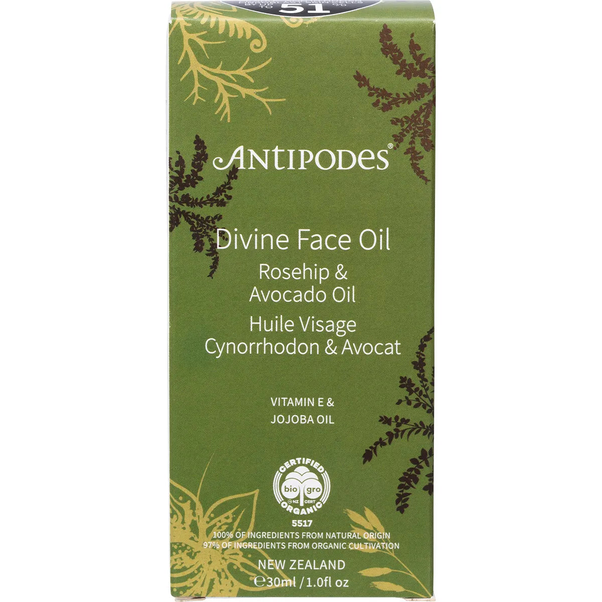 Antipodes Divine Face Oil with Rosehip & Avocado Oil 30ml carton front panel