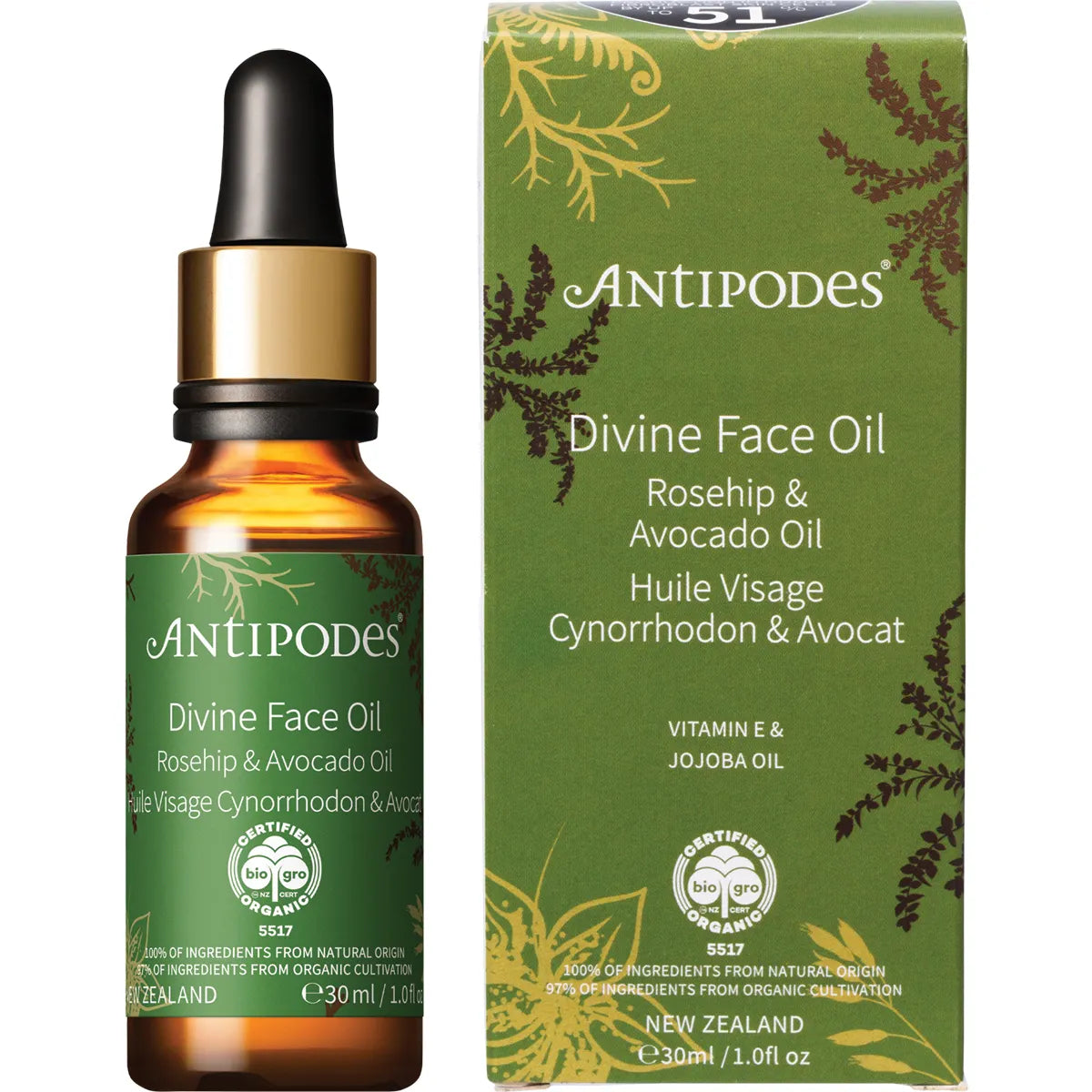 Antipodes Divine Face Oil with Rosehip & Avocado Oil 30ml product and carton packshot