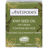 Antipodes Kiwi Seed Oil Eye Cream packaging, 30ml, featuring avocado oil and Vinanza grape, vegan-friendly.