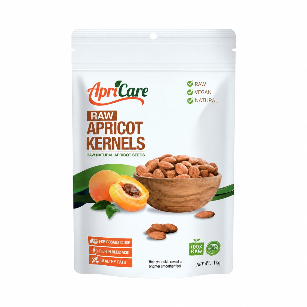 Apricare Apricot Kernels Raw 1kg front packshot on white background with padding — external cosmetic use only