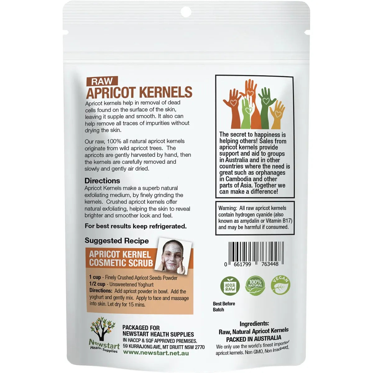 Back packaging of Raw Apricot Kernels 500g showing health benefits, recipe, and storage instructions.