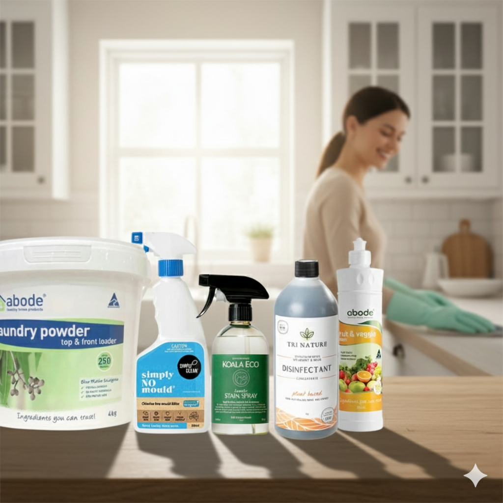 Eco-friendly cleaning products including Abode laundry powder, Simply No Mould spray, Koala Eco stain spray, Tri Nature disinfectant, and Abode fruit and veggie wash on a kitchen counter with a smiling woman wearing green cleaning gloves in the background.