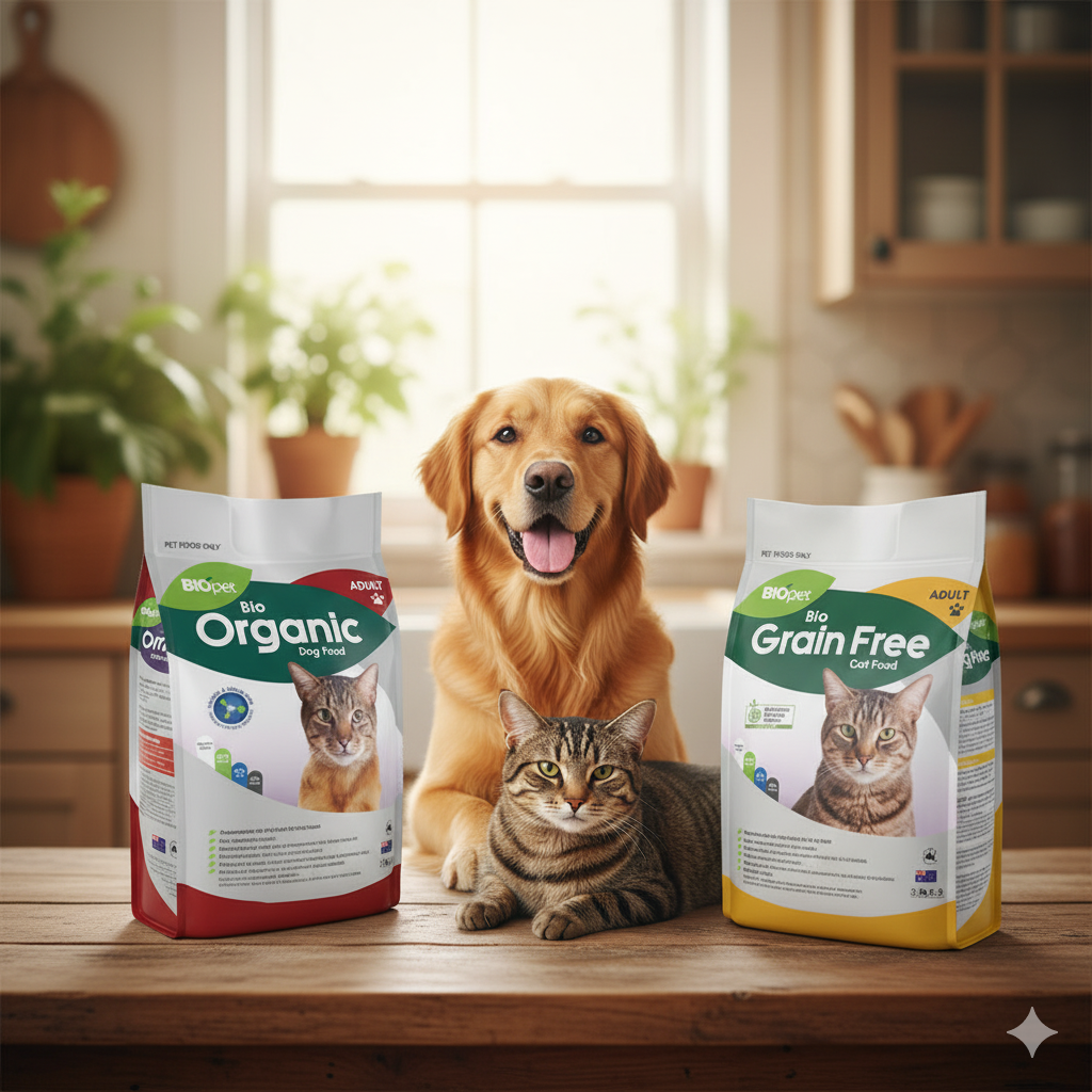Dog and cat with BIOpet organic and grain-free pet food.