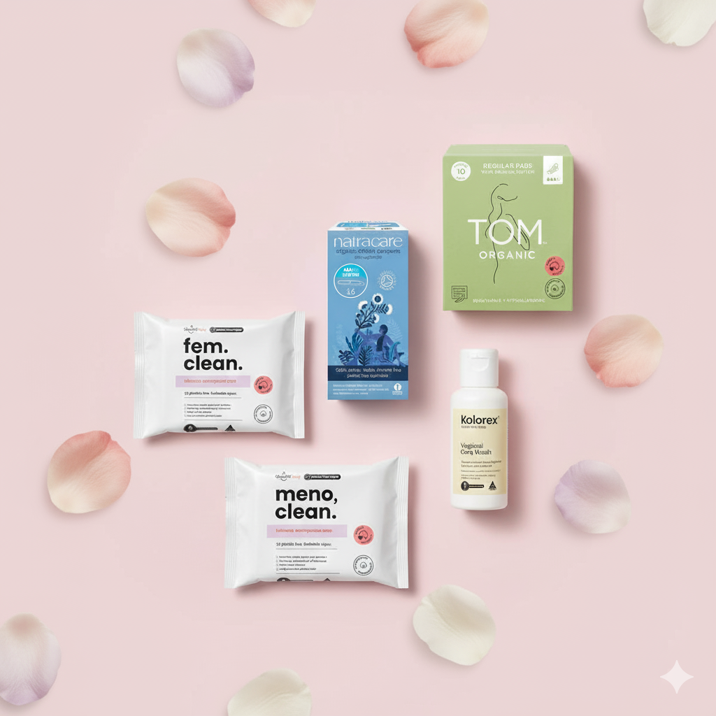 Natural feminine care products including fem.clean intimate wipes, meno.clean intimate wipes, Natracare organic cotton tampons, TOM Organic regular pads, and Kolorex vaginal care wash on a pastel pink background with scattered rose petals.