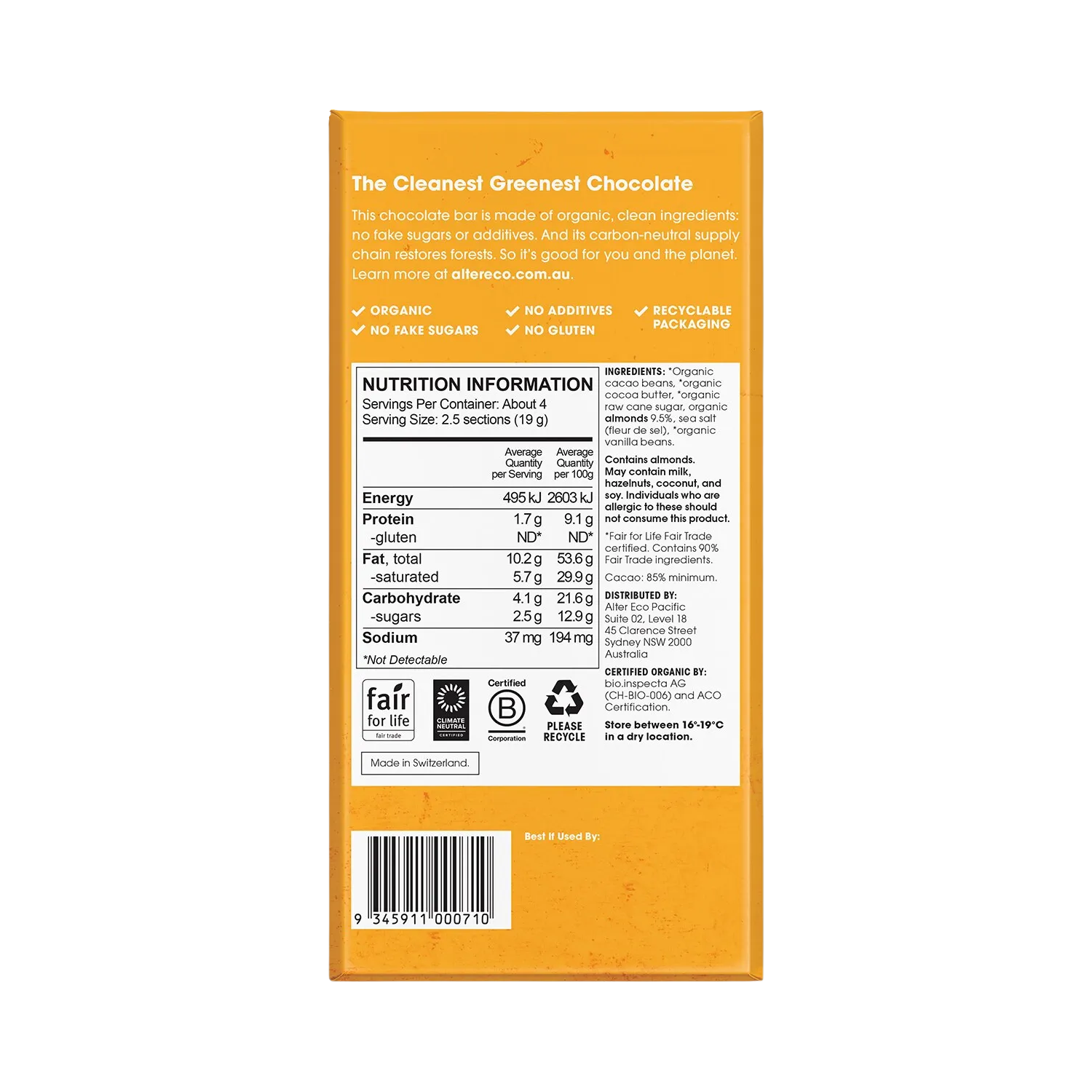 Alter Eco Chocolate Organic Dark Almonds Blackout 75g