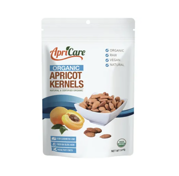 Apricare Organic Apricot Kernels package showcasing natural and certified organic ingredients in a bowl with apricot.