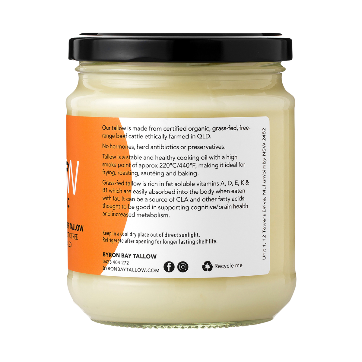 Byron Bay Tallow Organic Grass-Fed Beef Tallow 400g side or back label on white background