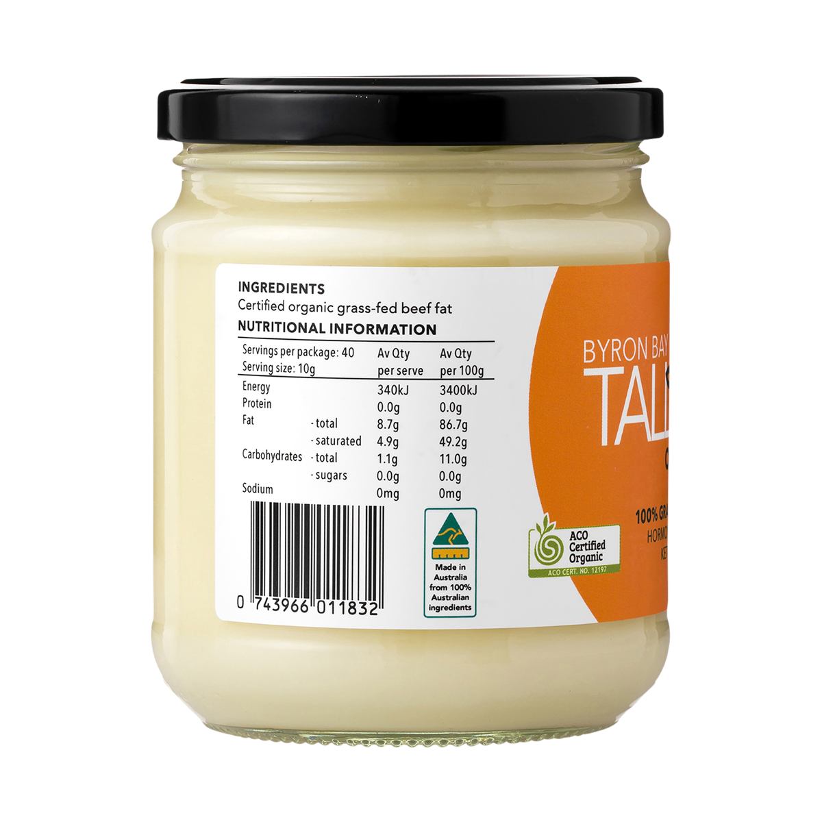 Byron Bay Tallow Organic Grass-Fed Beef Tallow 400g additional side label on white background
