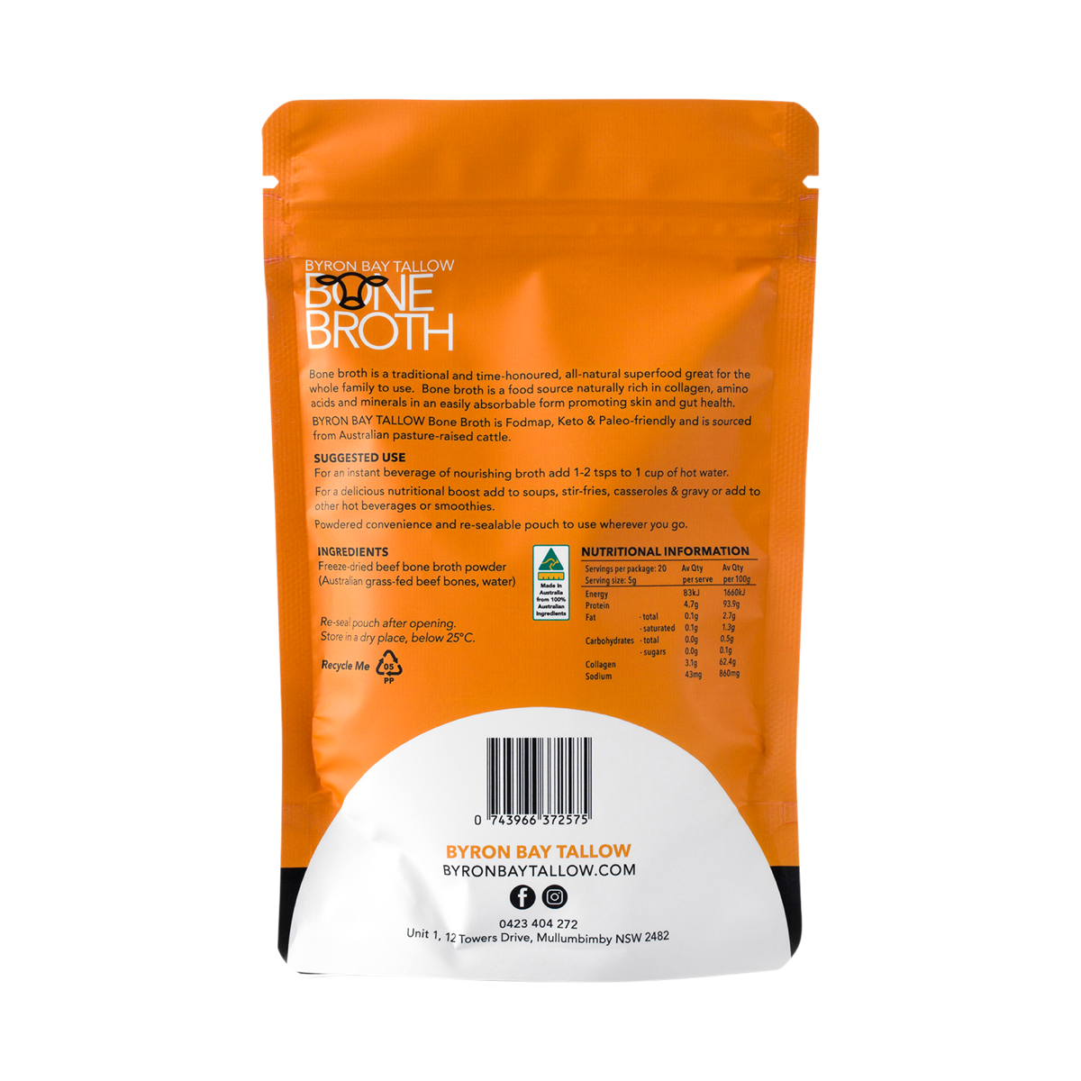 Byron Bay Tallow Grass-Fed Beef Bone Broth Powder 100g side or back label on white background