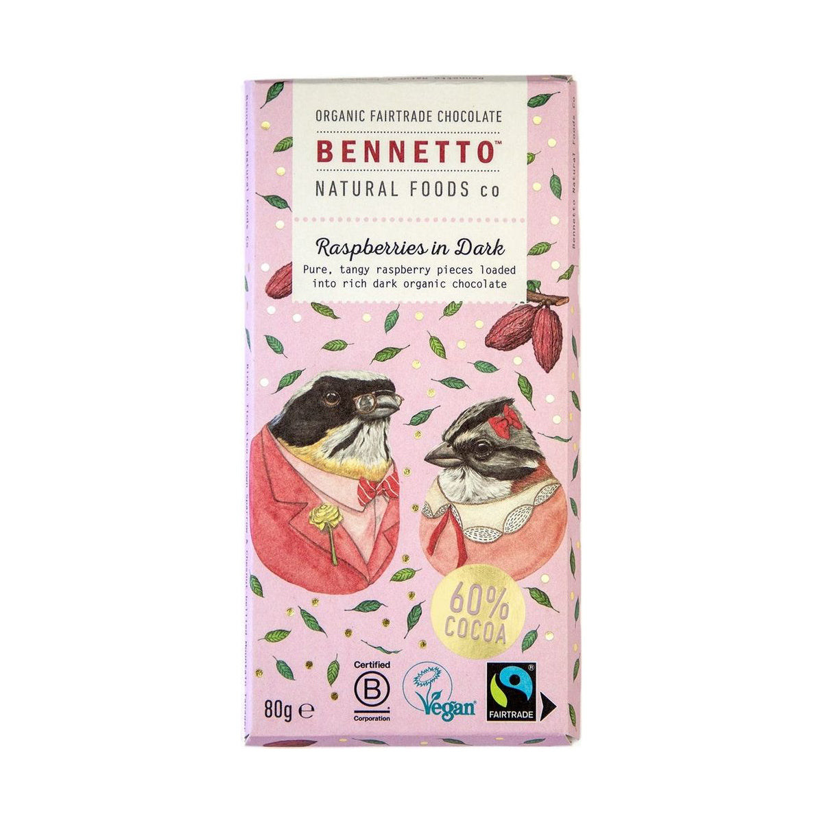 Bennetto Organic Raspberries in Dark Chocolate 80g — 1 bar