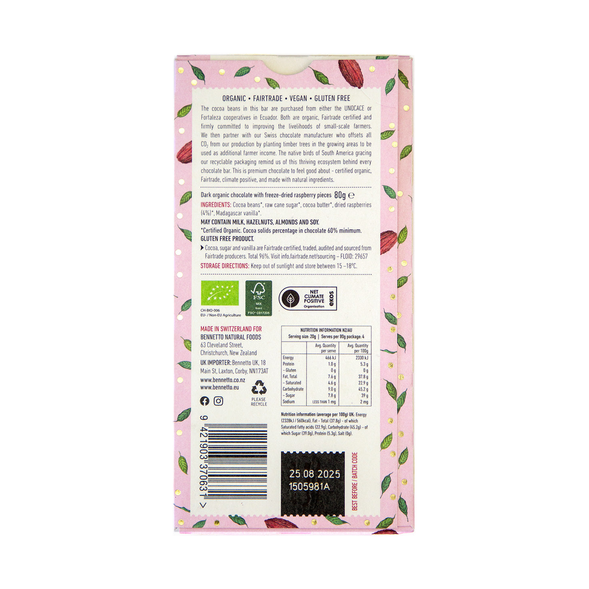 Bennetto Organic Raspberries in Dark Chocolate 80g — rear pack ingredients, allergens and nutrition label