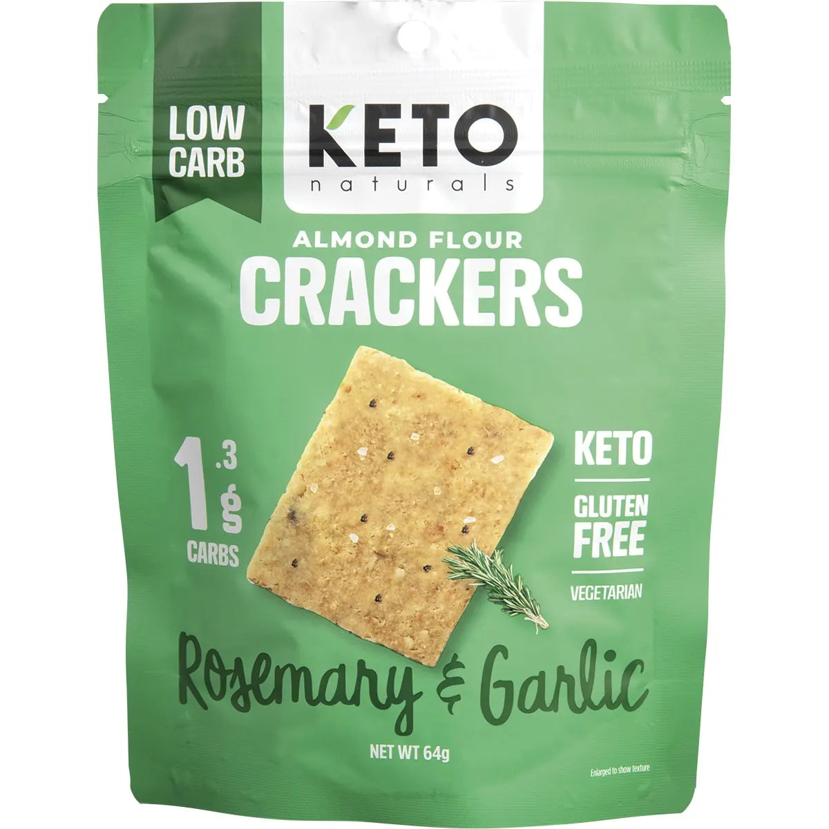 Keto Naturals Rosemary & Garlic Almond Flour Crackers 64g bag, front