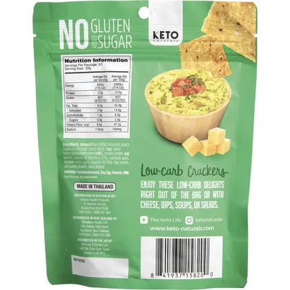 Keto Naturals Rosemary & Garlic Almond Flour Crackers 64g bag, ingredients and nutrition label
