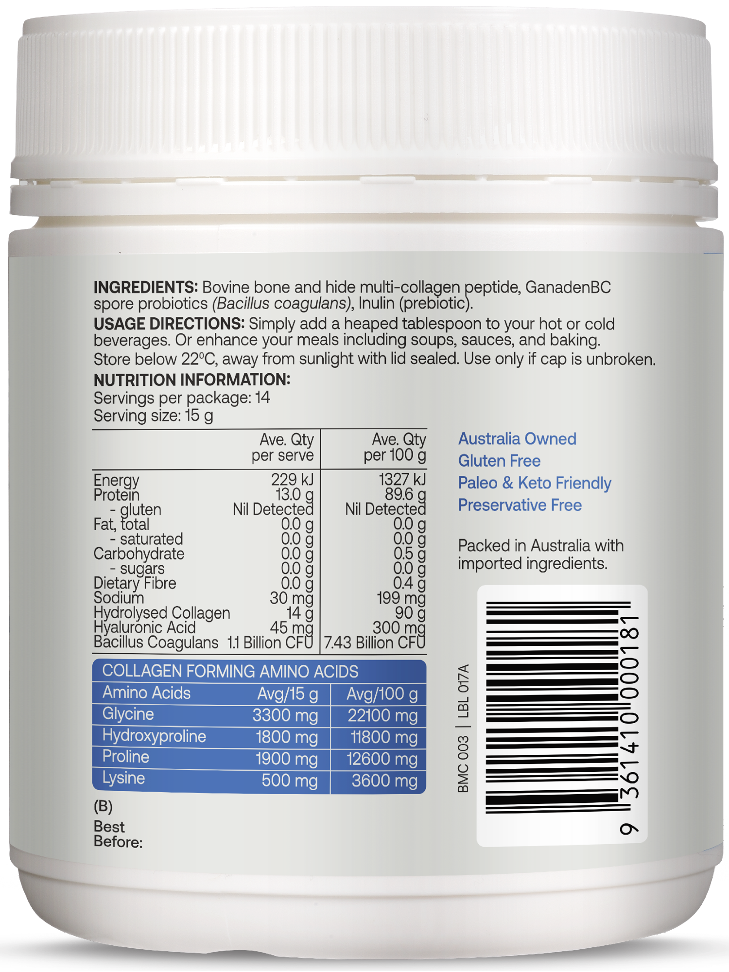 Best of the Bone Healing Multi Collagen Protein Powder Gut Immunity Blend With Probiotic Spores Unflavoured 210g gallery image 5