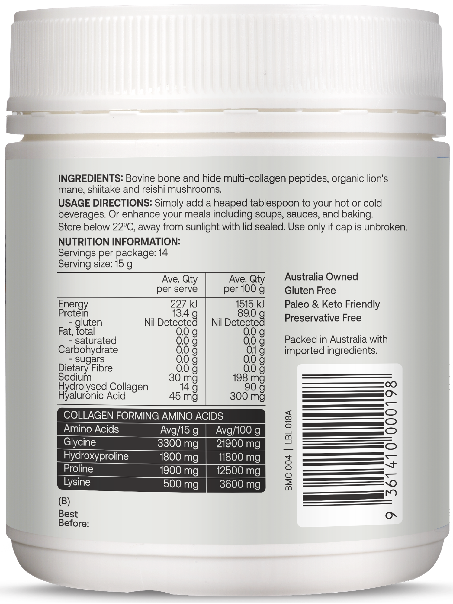 Best of the Bone Collagen Peptide Powder Organic Mushroom 210g gallery image 2