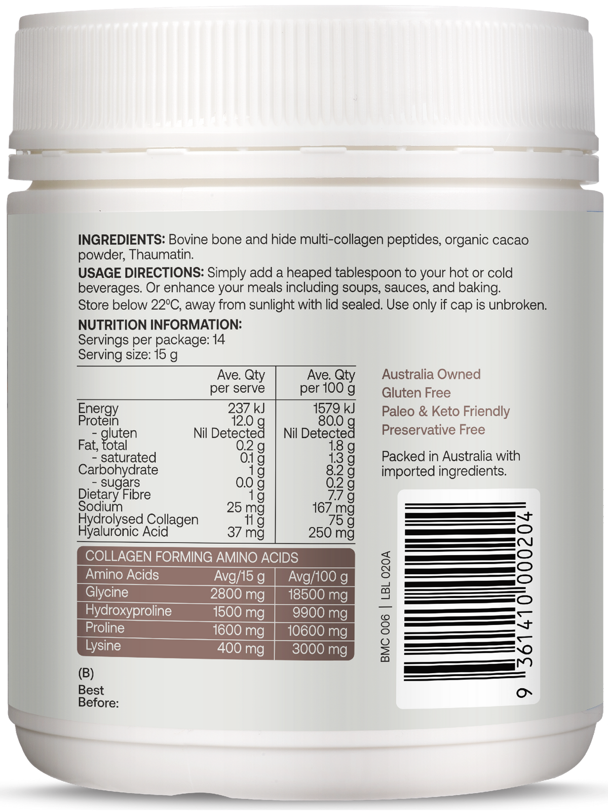 Best of the Bone Multi Collagen Peptides Dark Cacao 210g gallery image 2