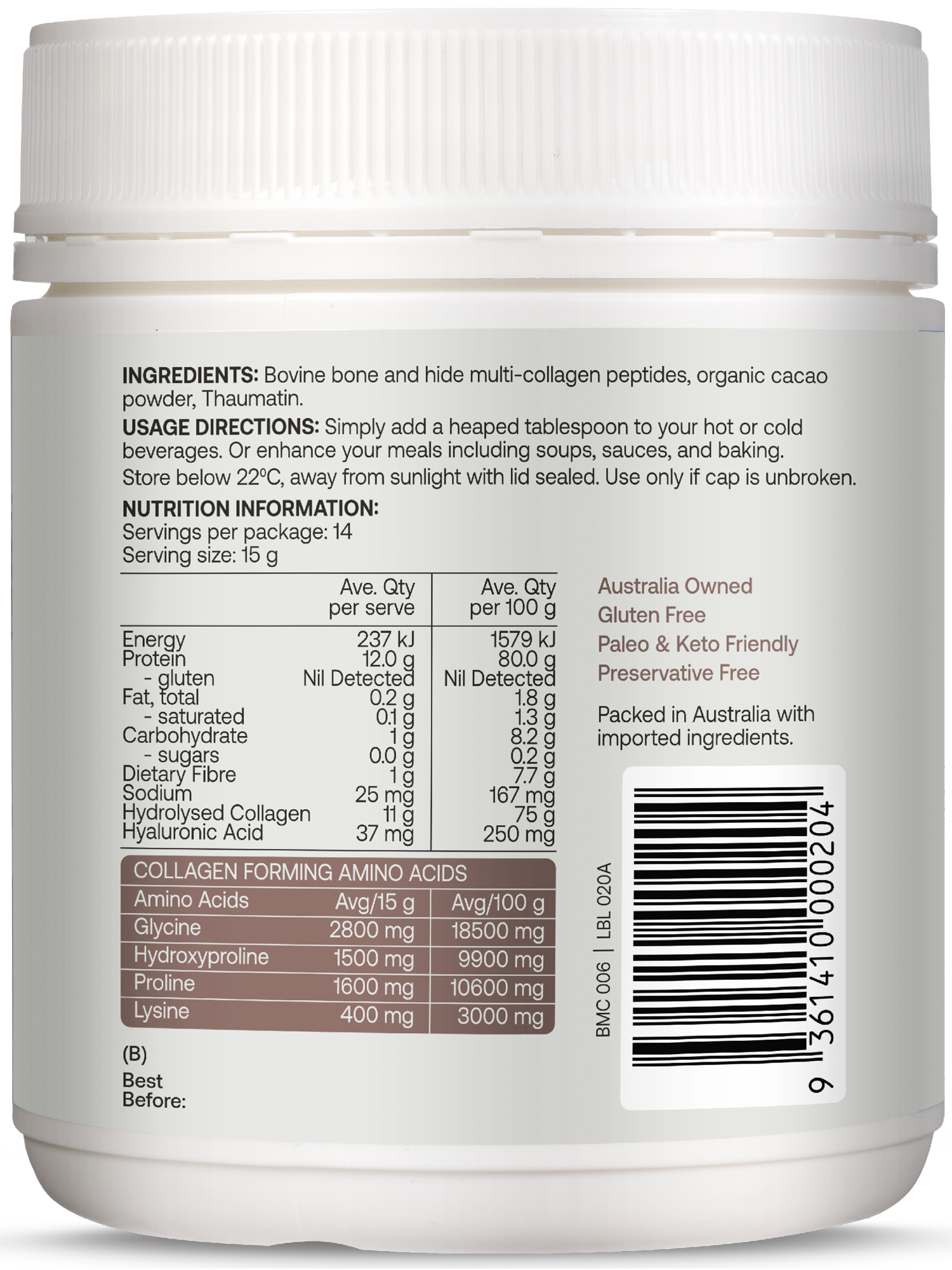 Best of the Bone Multi Collagen Peptides Dark Cacao 210g gallery image 2