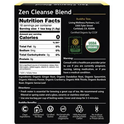 Buddha Teas Organic Herbal Tea Bags Zen Cleanse Blend 18 Pack