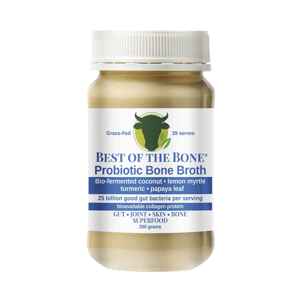 Best of the Bone Bone Broth Beef Concentrate Probiotic Bio-Fermented Coconut Lemon Myrtle Turmeric Papaya Leaf 390g