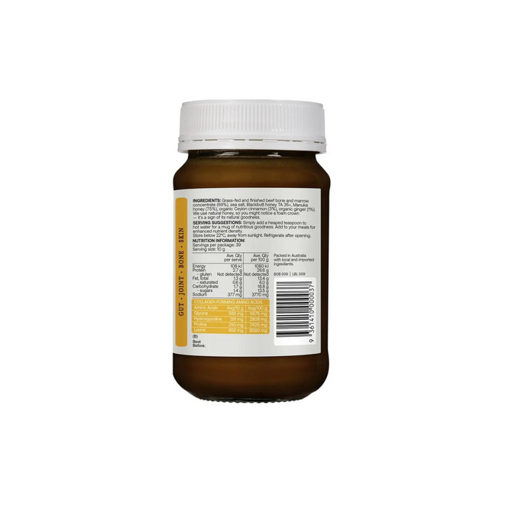 Back label of Best of the Bone Beef Broth Concentrate with Manuka Honey, Ginger & Cinnamon detailing ingredients and nutrition.