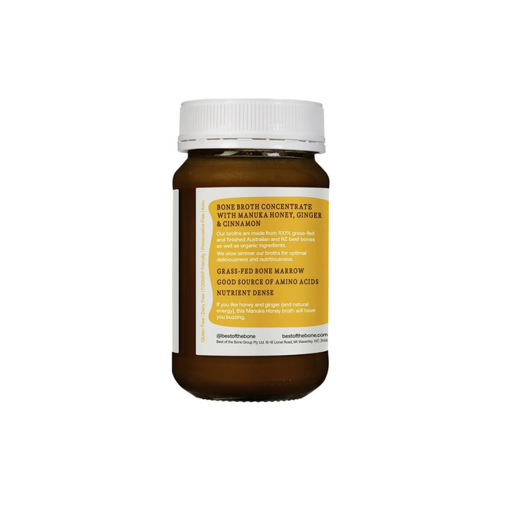 Best of the Bone Beef Broth Concentrate with Manuka Honey, Ginger & Cinnamon 390g in a jar.