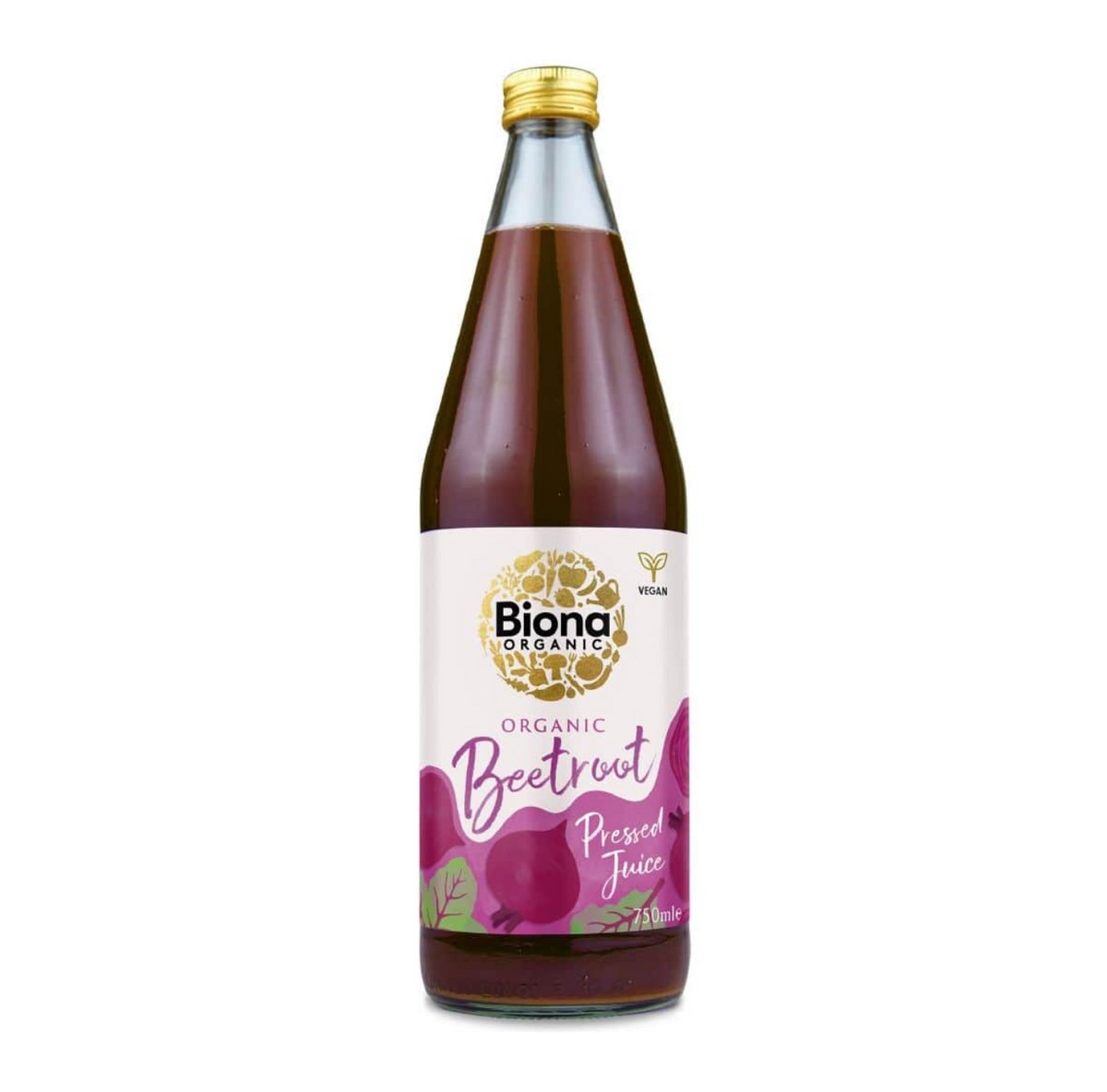 Biona Organic Pressed Beetroot Juice 750ml in a glass bottle with a vibrant label
