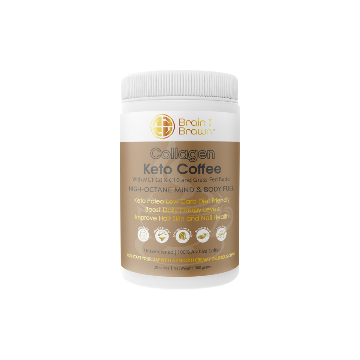 Brain and Brawn Collagen Keto Coffee (with MCT C8 & C10 and Grass-Fed Butter) Unsweetened 300g