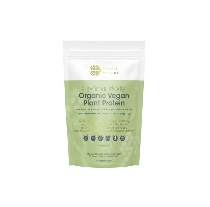 Brain and Brawn Optimal Body Organic Vegan Plant Protein 900g packaging, unflavoured, for muscle recovery and nutrition.