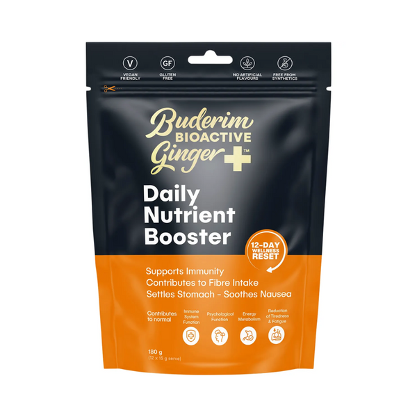 Buderim Ginger Bioactive Daily Nutrient Booster 180g packaging, supports immunity and gut health with natural ginger.