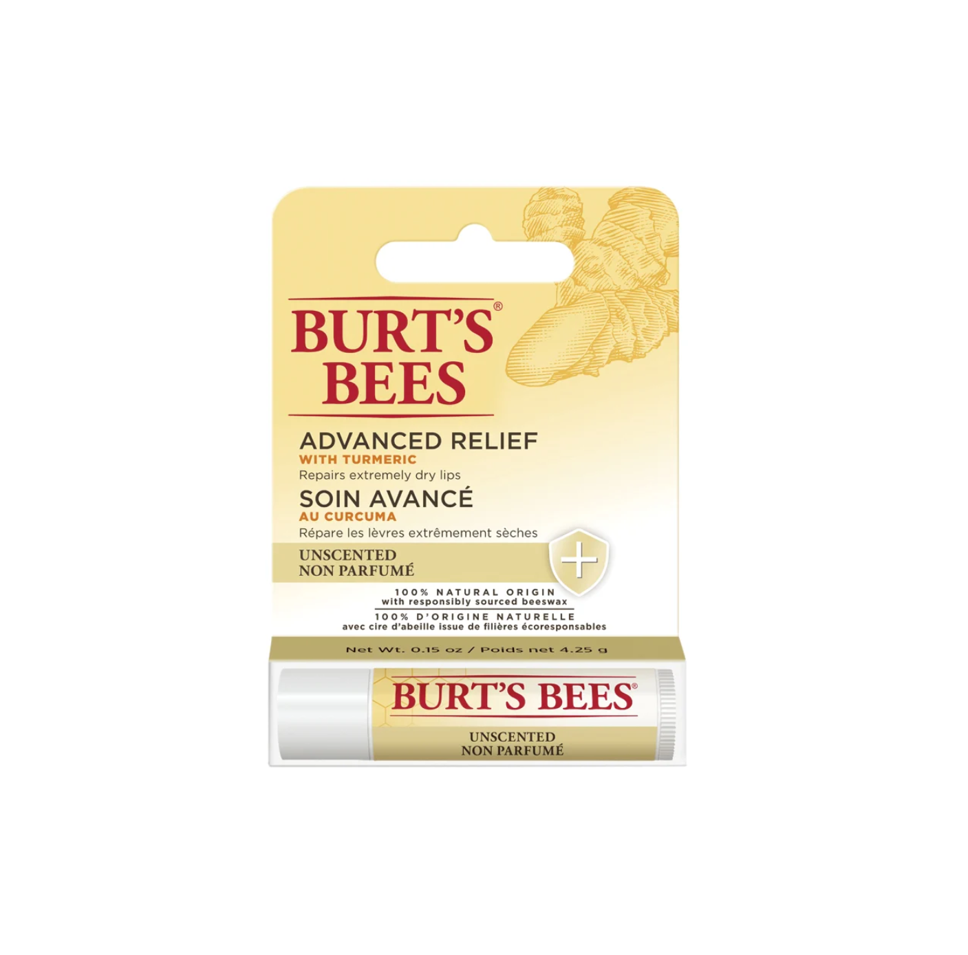 Burt's Bees Lip Balm Advanced Relief Unscented 4.25g packaging for dry lips with turmeric, natural ingredients, and no added fragrance.