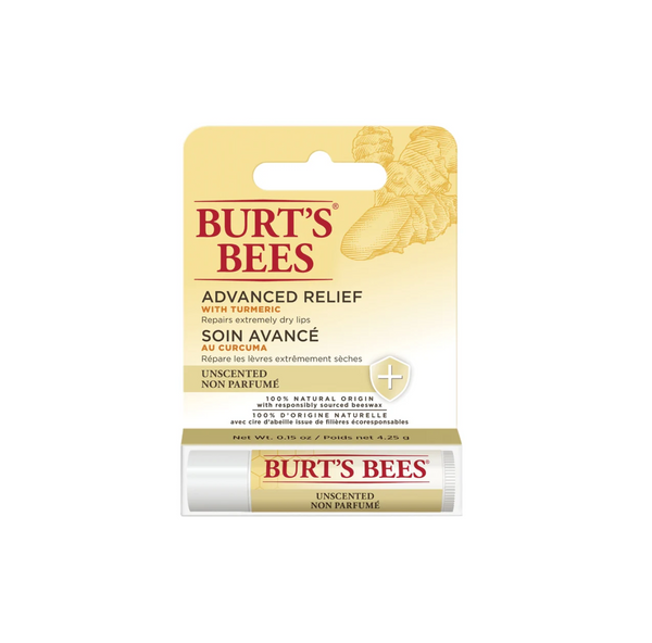 Burt's Bees Lip Balm Advanced Relief Unscented 4.25g packaging for dry lips with turmeric, natural ingredients, and no added fragrance.