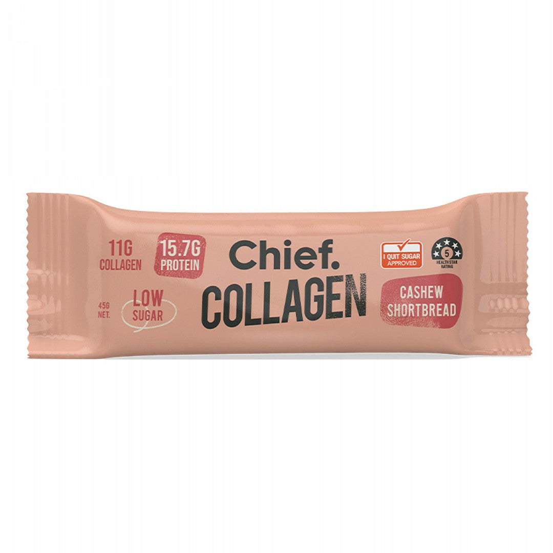 Chief Cashew Shortbread 45g bar packaging; supplied as a box of 12 bars