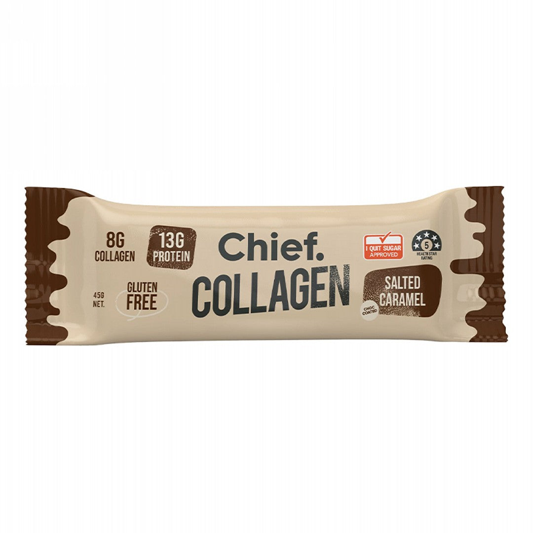 Chief Choc Salted Caramel 45g bar packaging; supplied as a box of 12 bars