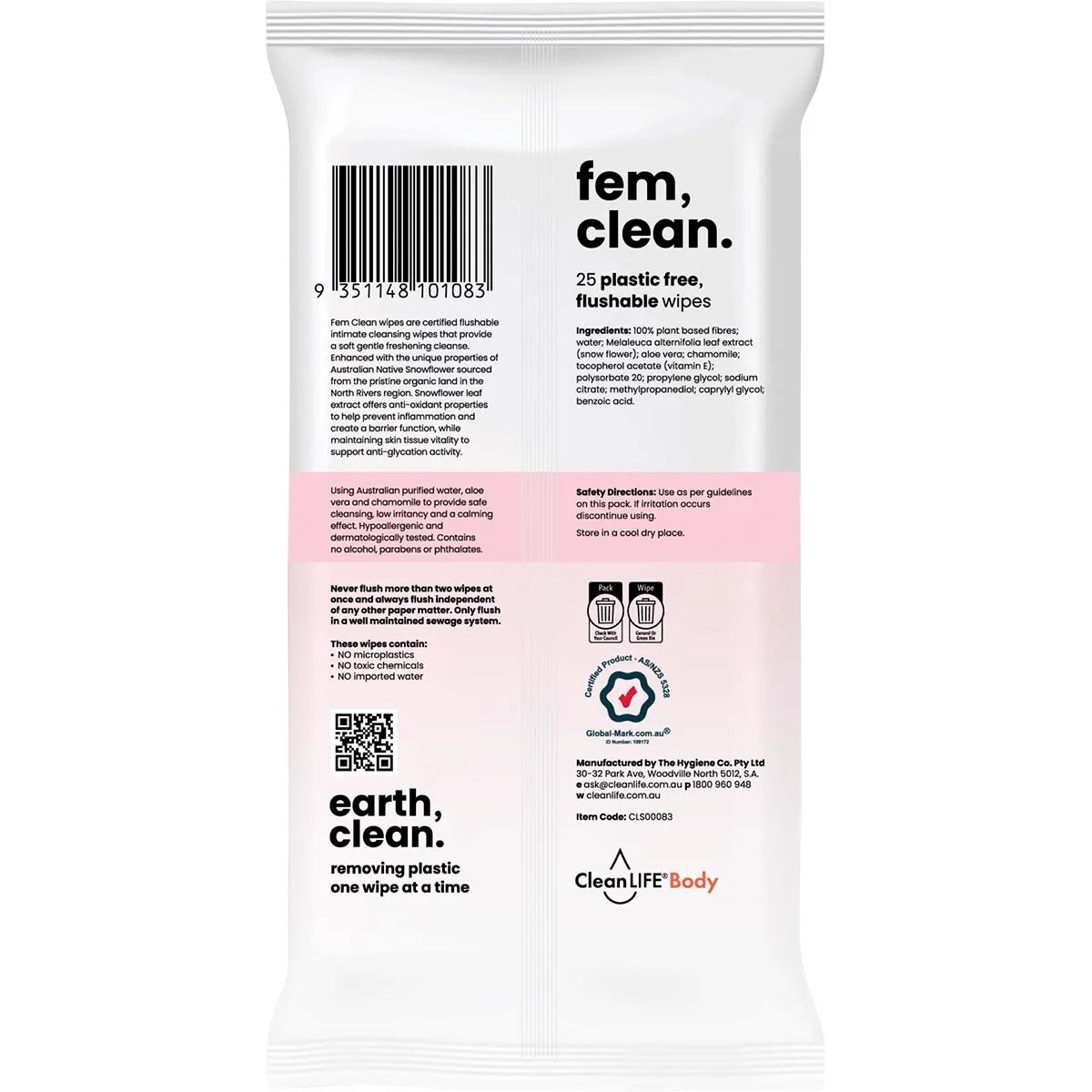 CleanLIFE Fem Clean Intimate Flushable Plastic Free Wipes 25 Pack
