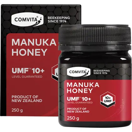Comvita Manuka Honey UMF 10+ 250g jar and box, premium New Zealand honey for daily wellness.