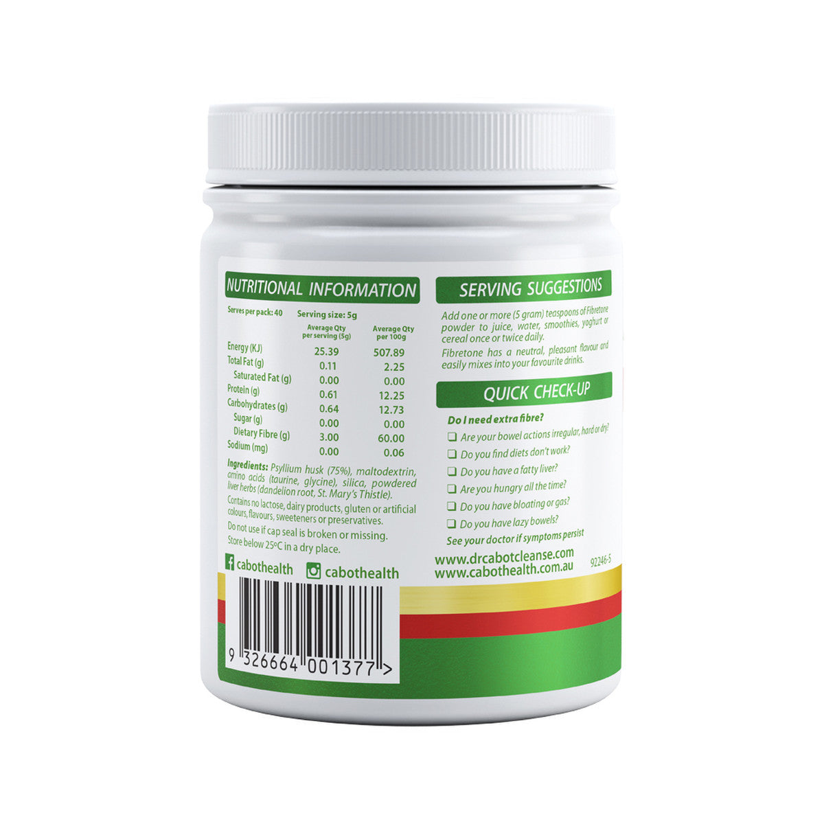 Cabot Health Fibretone Neutral Flavour Powder 200g label panel