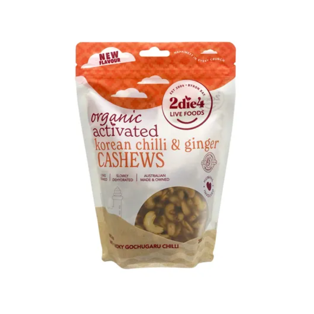 2die4 Live Foods Organic Activated Korean Chilli & Ginger Cashews 300g front pack