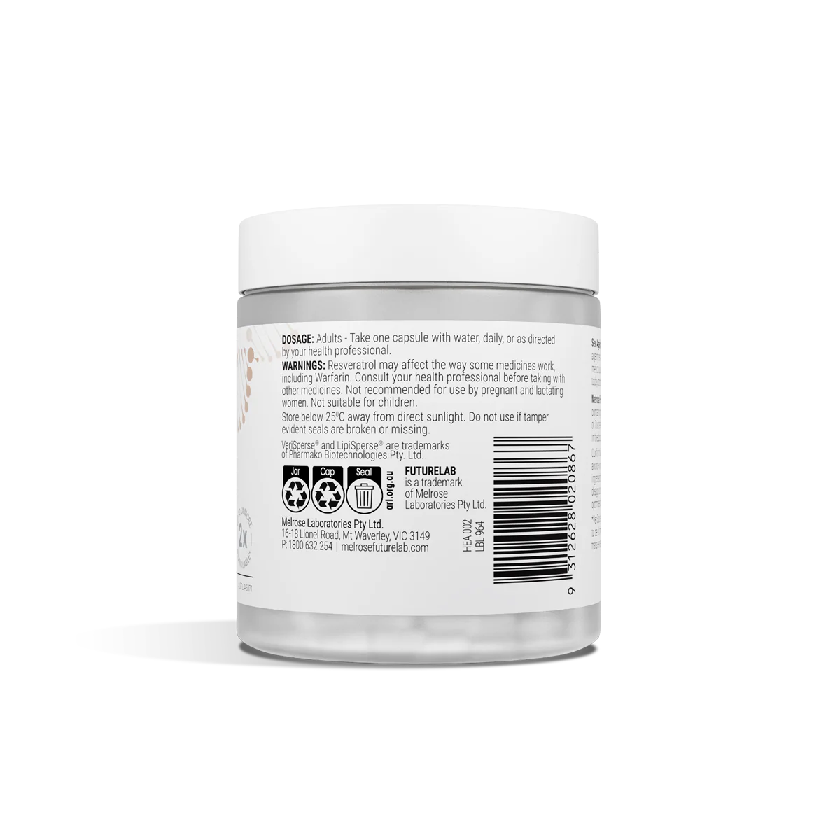 Melrose FutureLab Cellular Longevity 30 Capsules information panel