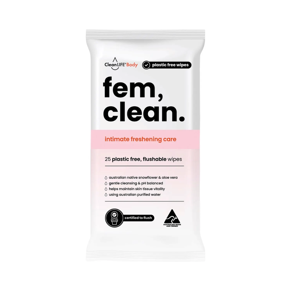 CleanLIFE Fem Clean Intimate Flushable Plastic Free Wipes 25 Pack