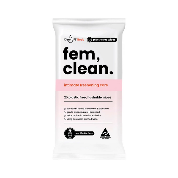 CleanLIFE Fem Clean Intimate Flushable Plastic Free Wipes 25 Pack