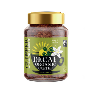 Clipper Organic Instant Coffee Decaf 100g jar with natural flavor and Fairtrade logo.