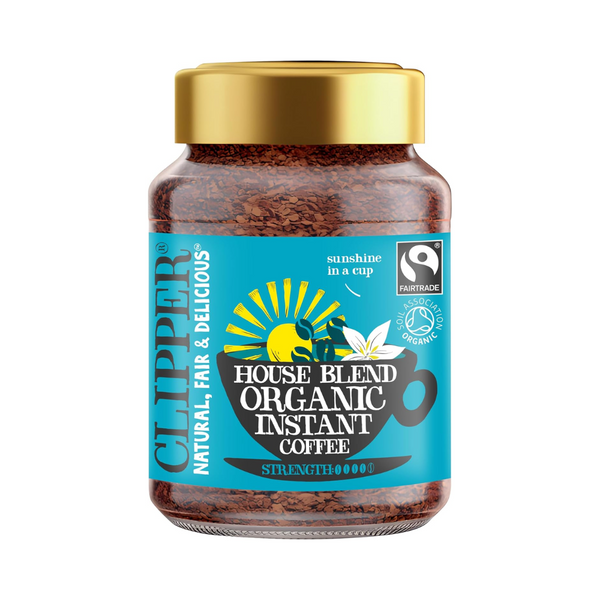 Clipper Organic Instant Coffee House Blend 100g jar showcasing smooth blend, Fairtrade certified, perfect for home or travel.