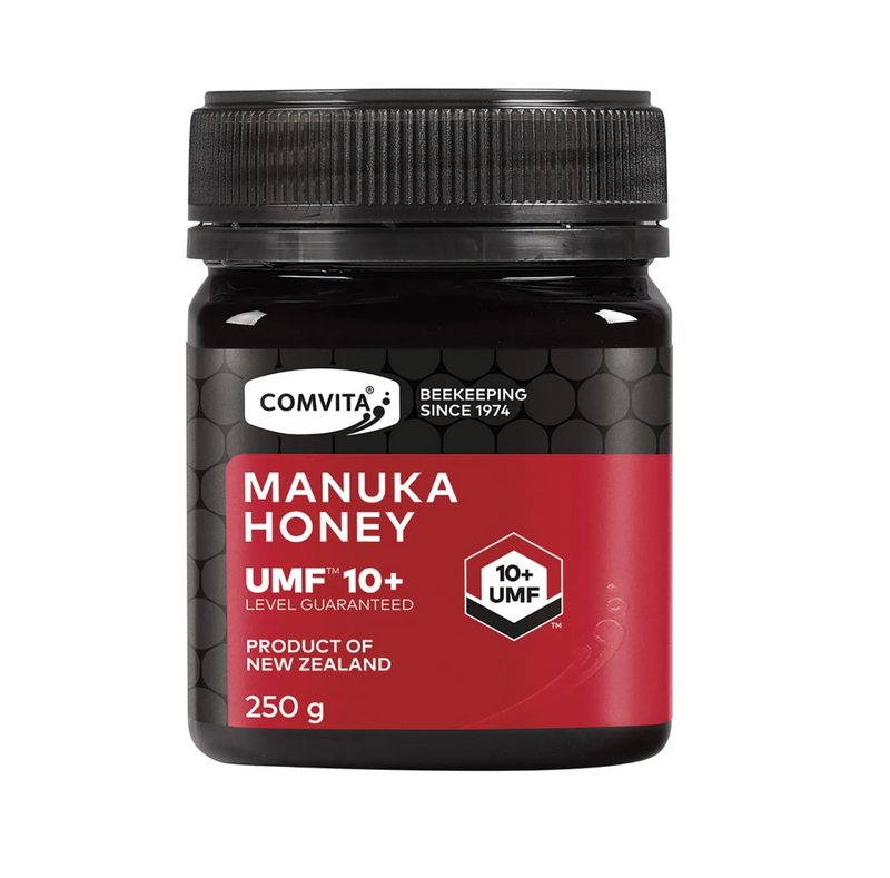 Comvita Manuka Honey UMF 10+ in a 250g jar, premium honey sourced from New Zealand.