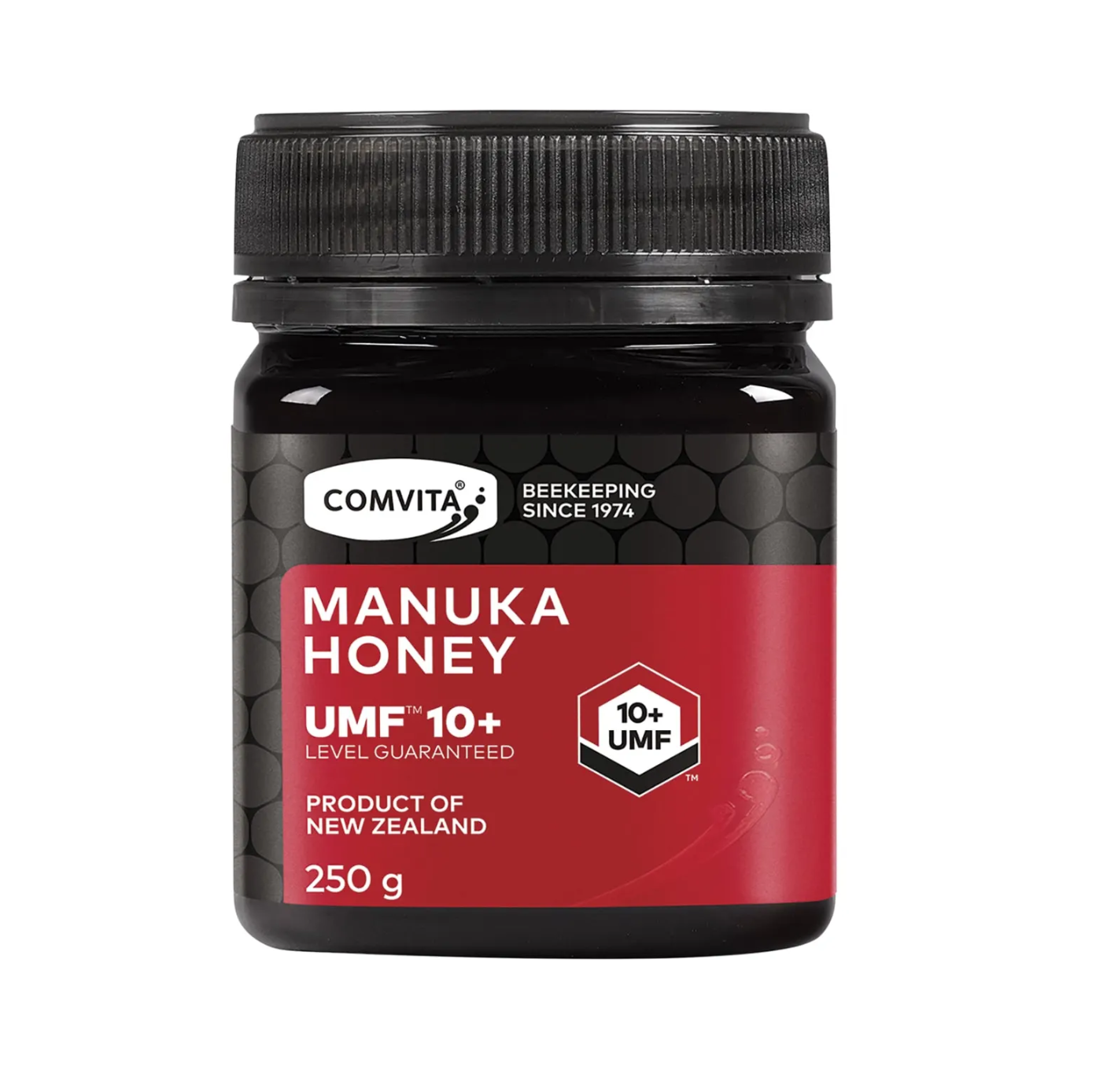 Comvita Manuka Honey UMF 10+ 250g jar, premium New Zealand honey, guaranteed UMF quality.