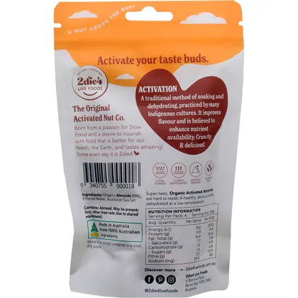 2die4 Live Foods Organic Activated Almonds 120g back label