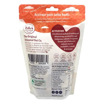2die4 Live Foods Organic Activated Korean Chilli & Ginger Cashews 300g back label