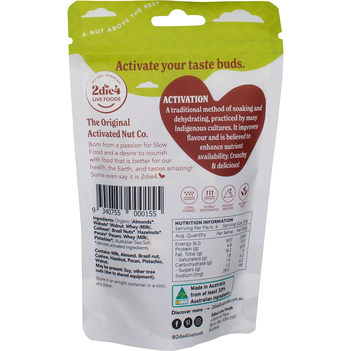 2die4 Live Foods Organic Activated Mixed Nuts with Fresh Whey 120g back label