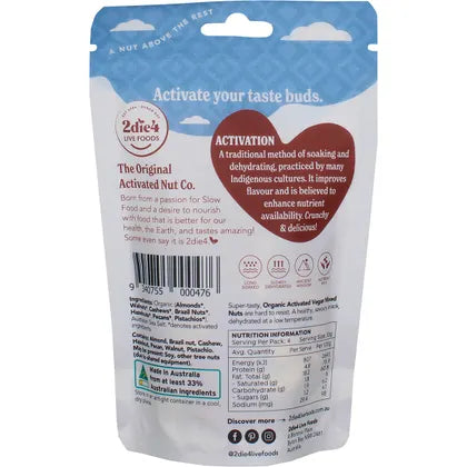 2die4 Live Foods Organic Activated Mixed Nuts Vegan 120g back label