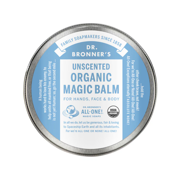 Dr Bronner's Unscented Organic Magic Balm tin, 57g, for hands, face, and body, made with organic ingredients, USDA certified.