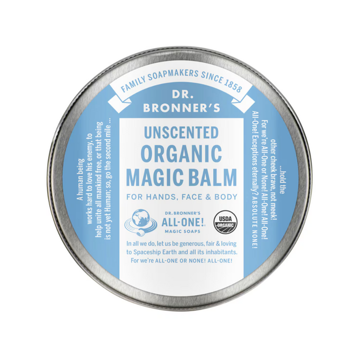 Dr Bronner's Unscented Organic Magic Balm tin, 57g, for hands, face, and body, made with organic ingredients, USDA certified.